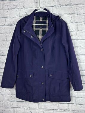 London Fog Hooded Rain Coat Jacket Purple Plaid Lined Women’s Large